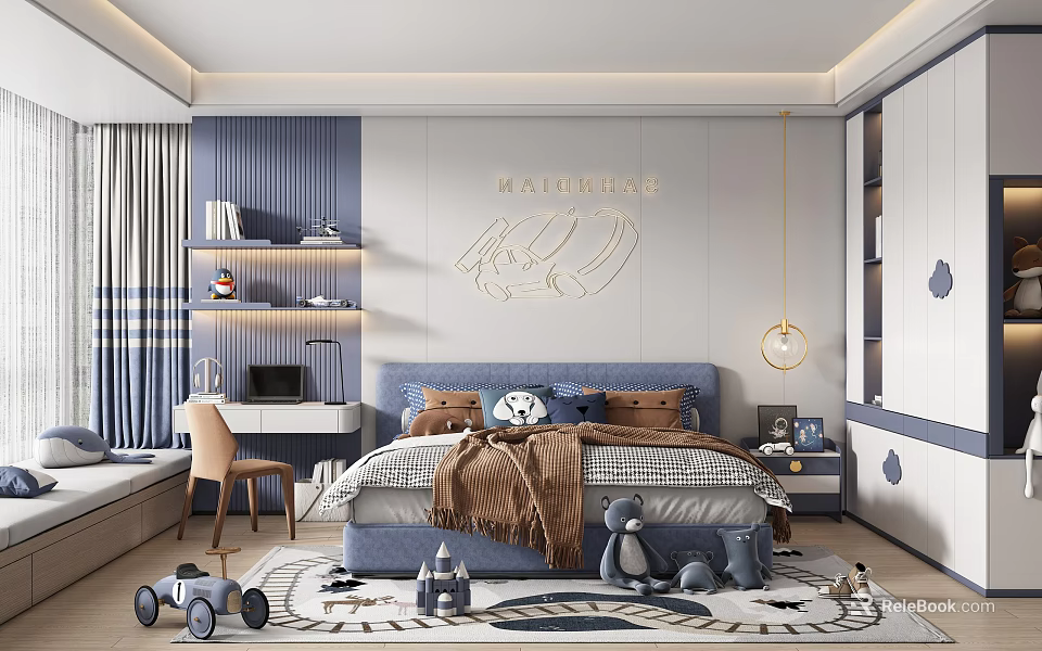Modern Cozy Children's Bedroom Design With Toys And Study Area 3d model 