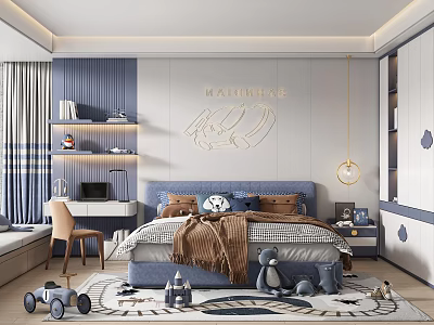 Modern Cozy Children's Bedroom Design With Toys And Study Area 3d model