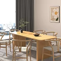 Minimalist Modern Wooden Dining Table Set With Six Chairs Green Plant And Fruit Bowl