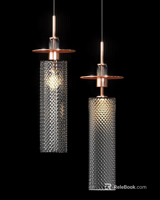 Modern Pendant Lights With Copper Base And Diamond Textured Glass Shades 3d model 