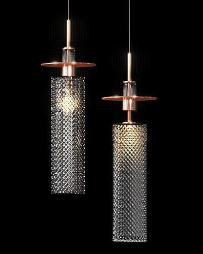 Modern Pendant Lights With Copper Base And Diamond Textured Glass Shades 3d model