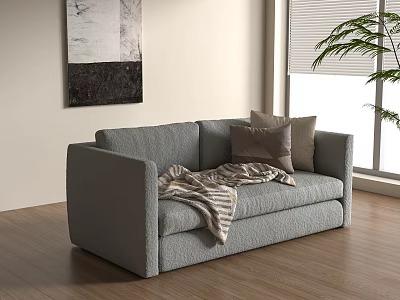 Gray Two Seater Sofa with Pillows and Blanket on Wooden Floor near Window with Plant 3d model
