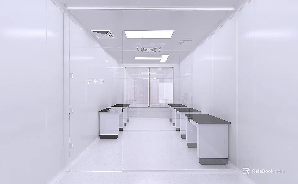 Spacious Modern Laboratory Interior With White Walls Lab Benches And Ceiling Lights 3d model 