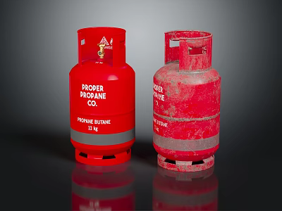 Red Propane Cylinders Showing New and Worn Conditions on Black Background 3d model