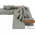Gray Sectional Sofa Featuring Plush Cushions and Wooden Top Side Table 3d model