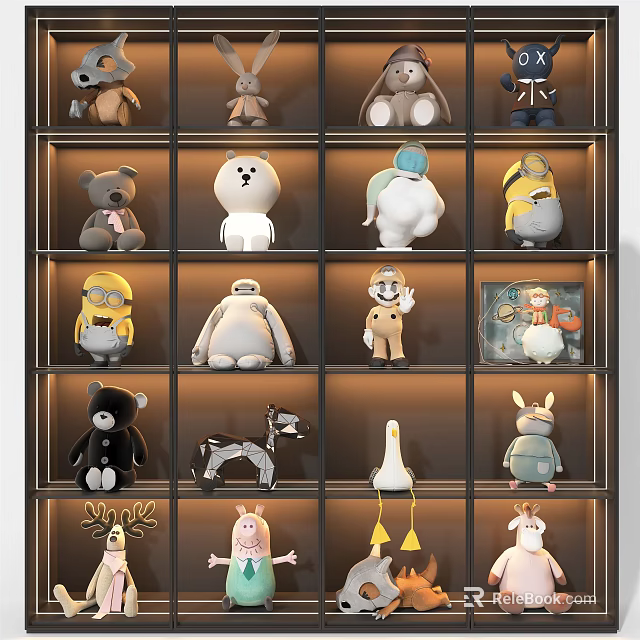 Stylish Decorative Cabinet With Multiple Shelves Holding Various Stuffed Animal Toys 3d model 