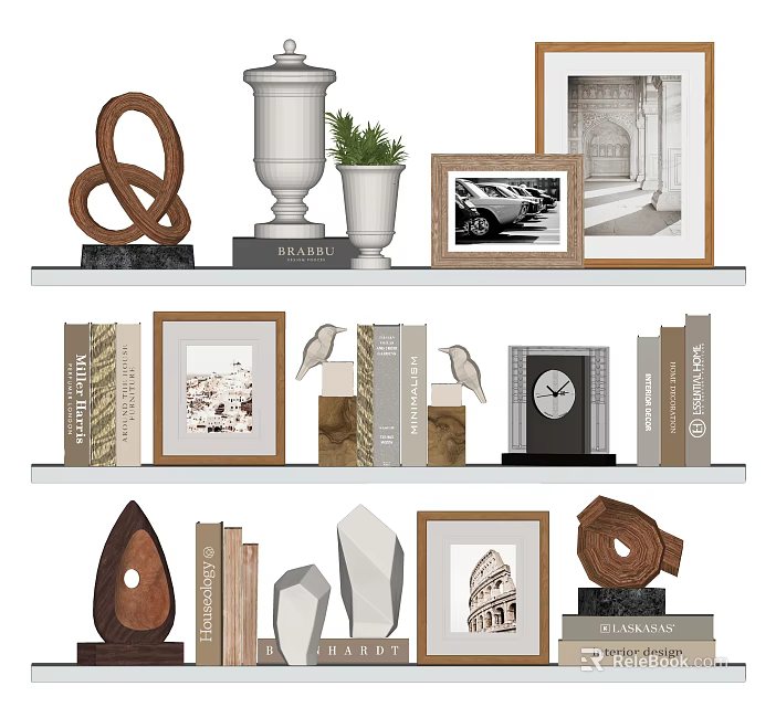 Modern Decorative Ornament Set With Sculptures Vases Greenery Framed Art Clock Books And Geometric Decor 3d model 