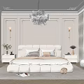 Elegant Modern Bedroom Interior With Upholstered Bed Decorative Pillows Wall Sconces And Area Rug