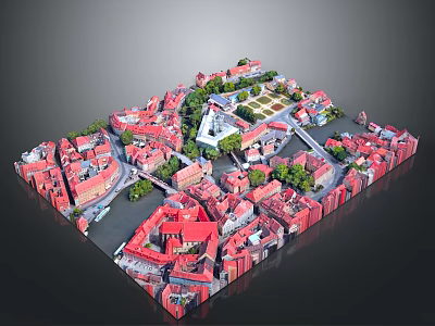Ducks Swimming in River Near White Tower Among Red Roof Buildings and Green Trees 3d model