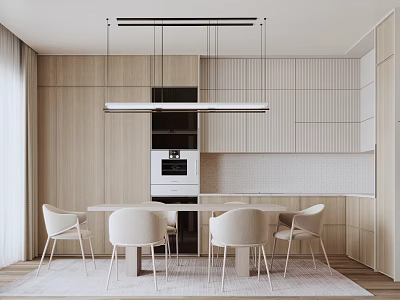 Dining and Living Room Modern Interior with Wooden Walls White Table Chairs and Pendant Lights 3d model