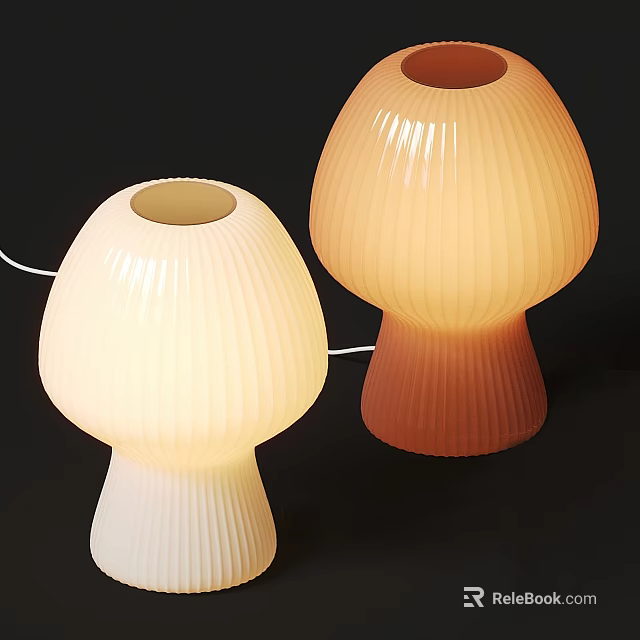 Mushroom Shaped Table Lamps White and Orange with Ribbed Shades on Black Background 3d model 