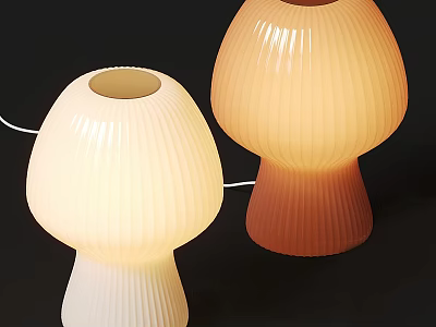 Mushroom Shaped Table Lamps White and Orange with Ribbed Shades on Black Background 3d model