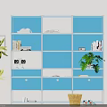 Modern Blue Bookcase With Multiple Shelves Books Decor Drawers And Potted Plant