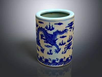 Traditional Chinese Blue And White Porcelain Brush Holder With Dragon Pattern And Decorative Designs 3d model