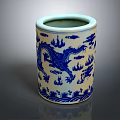 Traditional Chinese Blue And White Porcelain Brush Holder With Dragon Pattern And Decorative Designs
