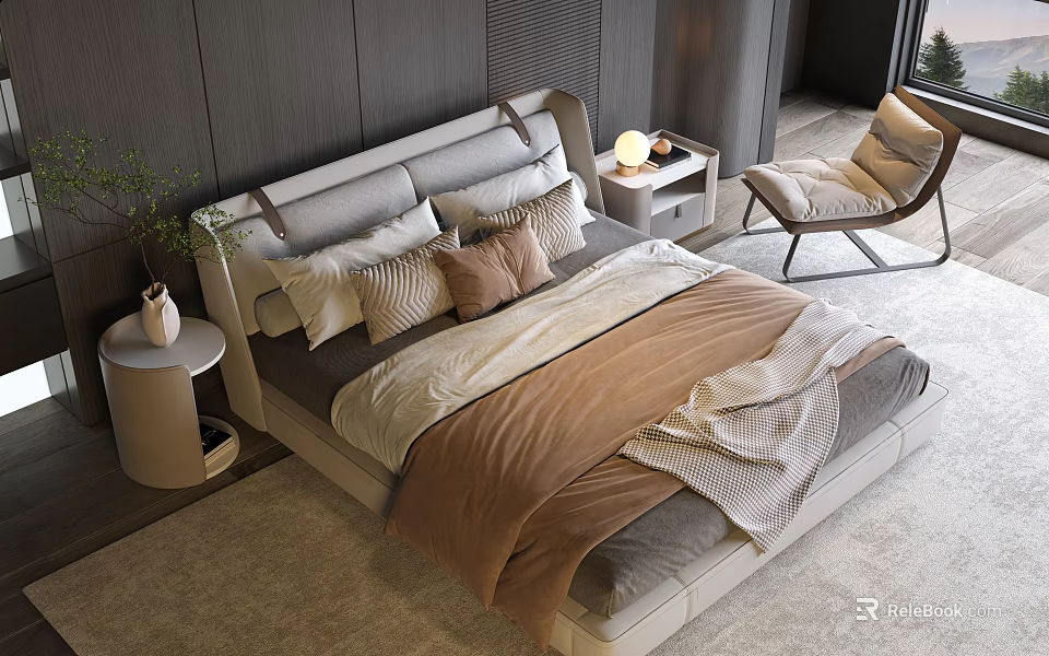 Modern Minimalist Double Bed With Gray Headboard Pillows Bedspread Nightstand And Armchair 3d model 