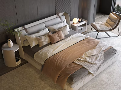 Modern Minimalist Double Bed With Gray Headboard Pillows Bedspread Nightstand And Armchair 3d model