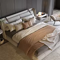 Modern Minimalist Double Bed With Gray Headboard Pillows Bedspread Nightstand And Armchair