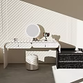 Modern Dressing Table With Round Mirror Padded Stool And Storage Drawers 3d model