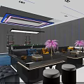 Modern KTV Interior With Pool Table Sofa Neon Lights Blue Carpet And Pink Plants