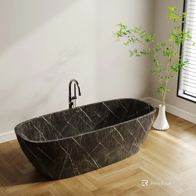 Luxurious Dark Marble Bathtub With Faucet In Bright Bathroom With Wooden Floor And Plant 3d model 