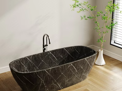 Luxurious Dark Marble Bathtub With Faucet In Bright Bathroom With Wooden Floor And Plant 3d model