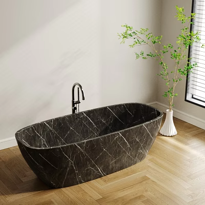 Luxurious Dark Marble Bathtub With Faucet In Bright Bathroom With Wooden Floor And Plant 3d model
