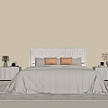 Pollform Modern Bedroom Interior With Beige Walls Light Headboard Gray Bedspread Orange Cushions White Nightstands