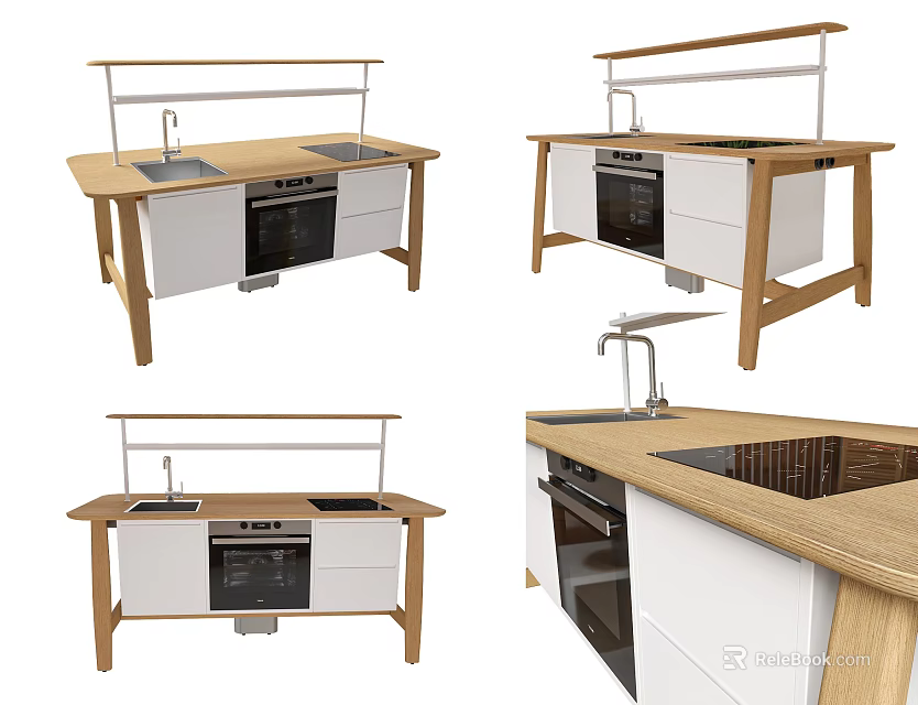 Modern Kitchen Island With Wooden Frame White Cabinets Sink Faucet And Oven 3d model 