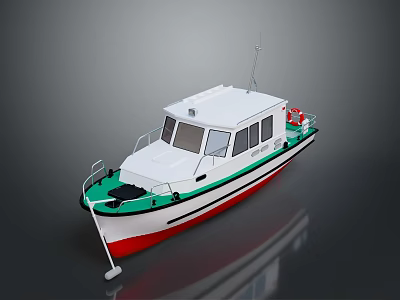 Small Modern White Cabin Boat With Red Bottom Green Railings And Lifebuoy 3d model