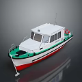 Small Modern White Cabin Boat With Red Bottom Green Railings And Lifebuoy