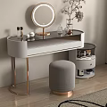 Elegant Modern Vanity Table With Round Mirror Gold Legs Grey Stool And Beauty Products