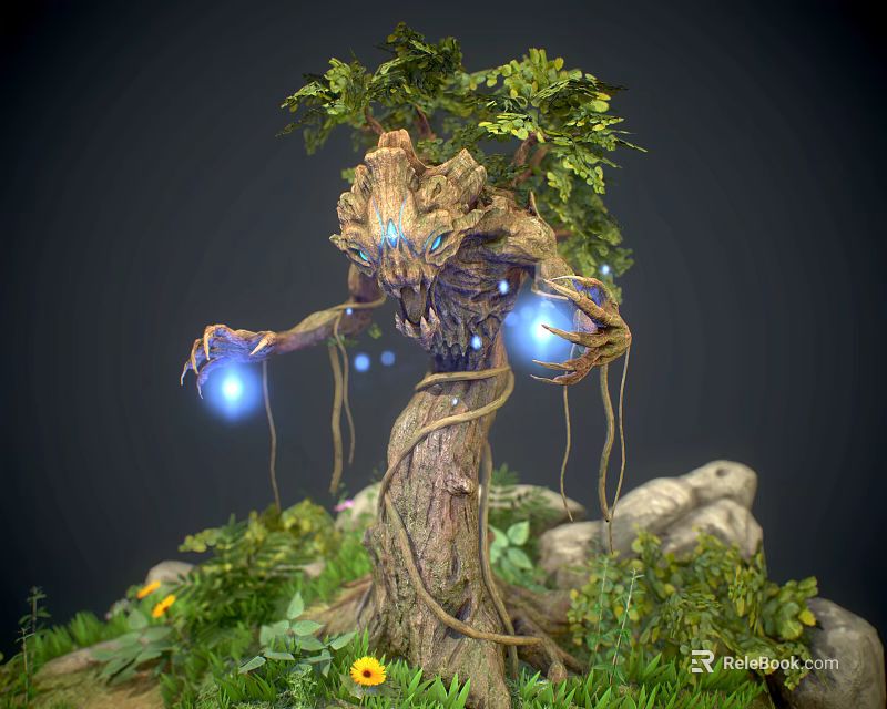 Cartoon Scene Featuring Tree Spirit With Glowing Blue Orbs Green Plants Stones And Yellow Flowers 3d model 