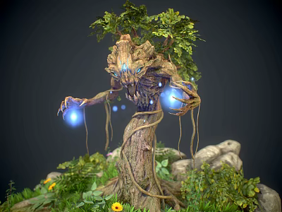Cartoon Scene Featuring Tree Spirit With Glowing Blue Orbs Green Plants Stones And Yellow Flowers 3d model