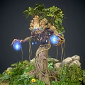 Cartoon Scene Featuring Tree Spirit With Glowing Blue Orbs Green Plants Stones And Yellow Flowers