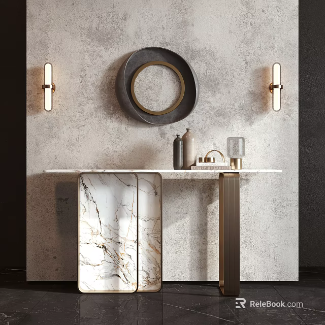 Modern Console Table Interior With Marble Top Round Mirror And Wall Sconces 3d model