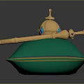Green Cushioned Furniture Piece With Golden Ornament And Blue Gemstone Accents