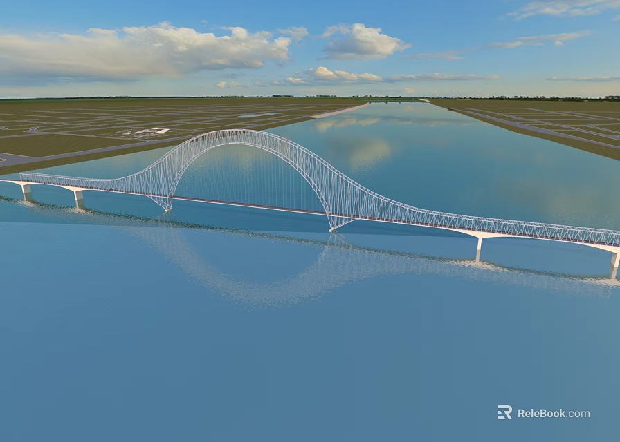 Modern Arch Bridge Over Calm Water With Sky Reflection And Green Landscape 3d model 