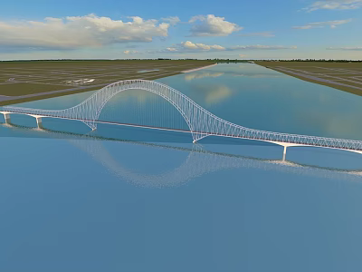 Modern Arch Bridge Over Calm Water With Sky Reflection And Green Landscape 3d model