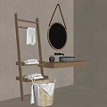 Natural Wooden Bathroom With Ladder Shelf Towels Round Mirror Sink Basin And Plant