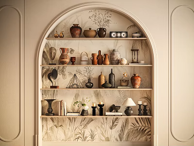 Elegant Decorative Ornament Collection on Arched Shelf with Plant Patterned Wallpaper Pots Bottles Candles 3d model