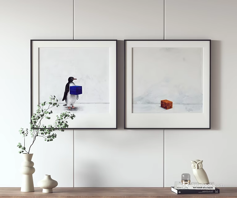 Two Framed Wall Paintings Bird Blue Box Brown Bread White Vase Green Plant Owl Figurine 3d model 