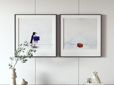 Two Framed Wall Paintings Bird Blue Box Brown Bread White Vase Green Plant Owl Figurine 3d model