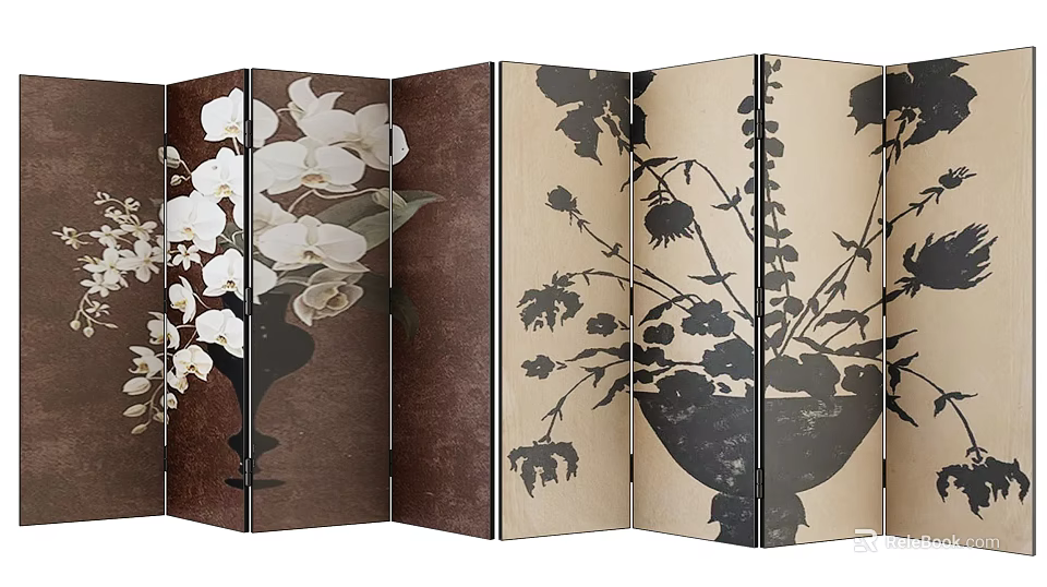 Decorative Multi Panel Room Divider Screen With Floral Patterns In Beige Brown And Black Tones 3d model