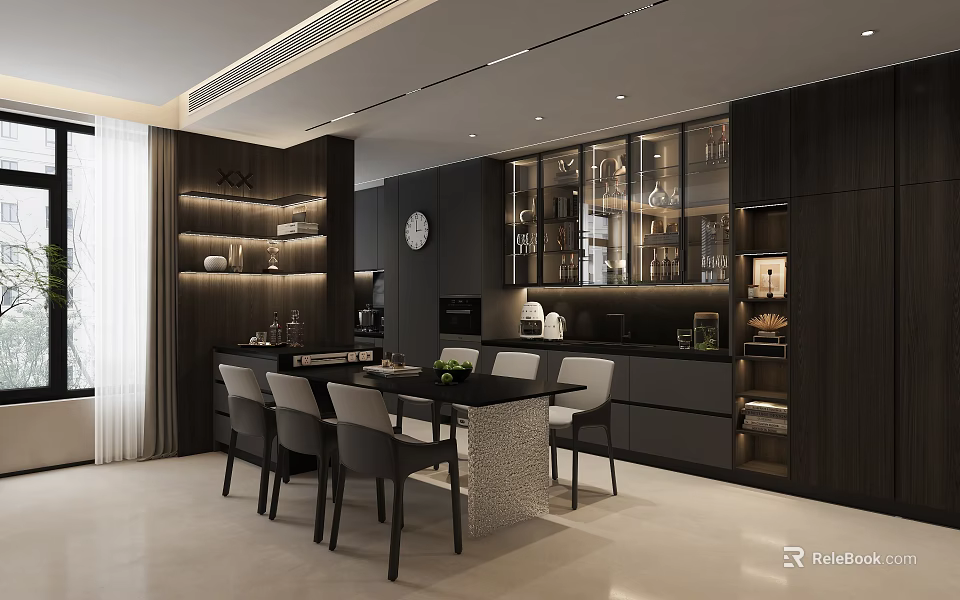 Modern Living Dining Room Interior Design With Dark Wood Cabinets Glass Display And Marble Dining Table 3d model 