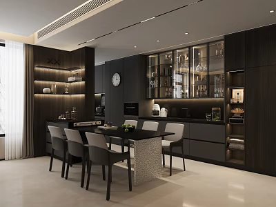 Modern Living Dining Room Interior Design With Dark Wood Cabinets Glass Display And Marble Dining Table 3d model