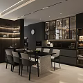 Modern Living Dining Room Interior Design With Dark Wood Cabinets Glass Display And Marble Dining Table