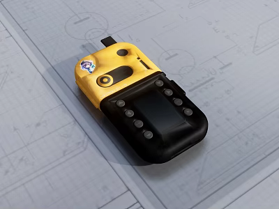 Industrial Handheld Device With Yellow Black Casing Display Screen And Control Buttons On Technical Drawings 3d model