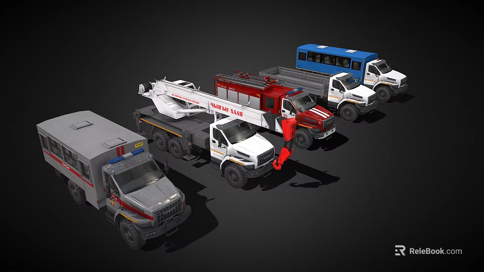 Different Types of Emergency Rescue Vehicles Including Police Car Crane and Fire Truck 3d model 