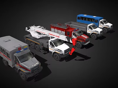 Different Types of Emergency Rescue Vehicles Including Police Car Crane and Fire Truck 3d model